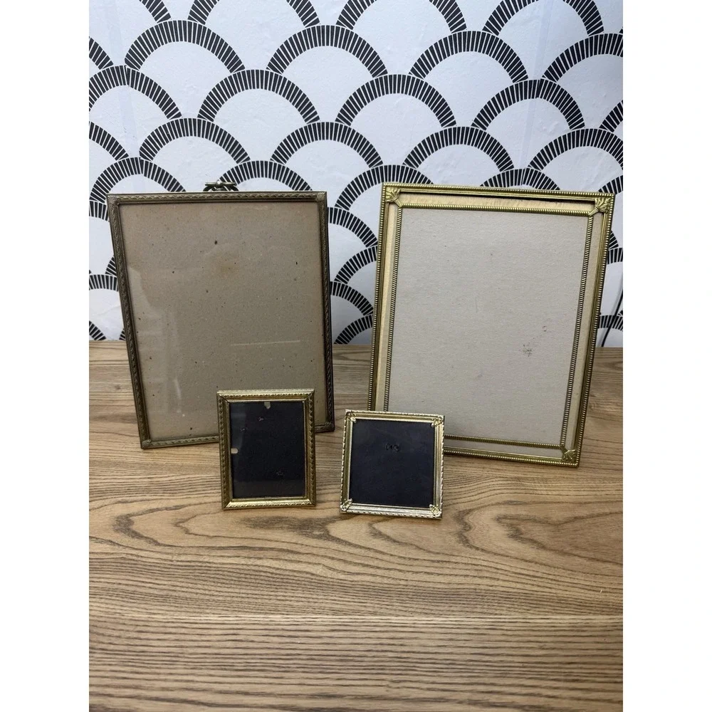 VTG Lot Of 4 Brass Ornate Gold Tone Metal Picture Frame Textured Edges Square